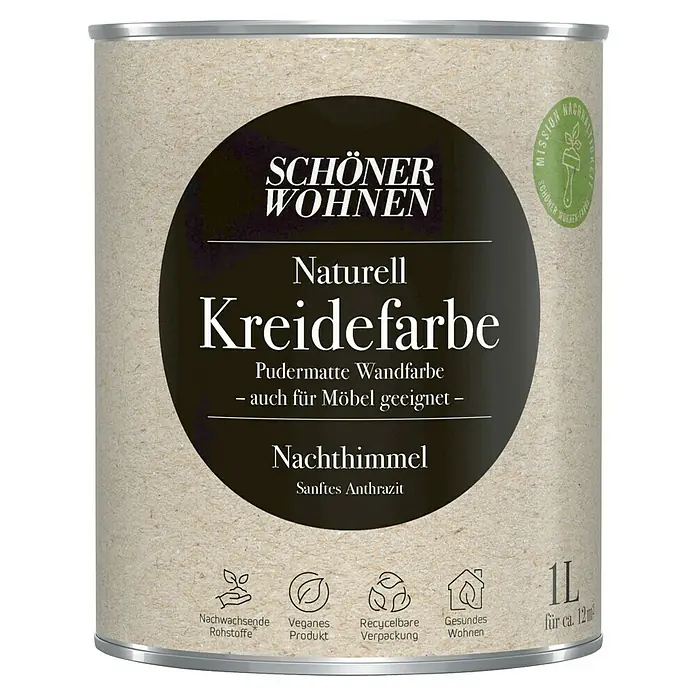 SCHÖNER WOHNEN-Farbe Naturell Wandfarbe Kreidefarbe - Nachthimmel - sanftes Anthrazit, Matt, 1 l, Konservierungsmittelfrei - Ein Farbbehälter "Schöner Wohnen Naturell Kreidefarbe", pudermatte Wandfarbe, Farbton Nachthimmel, sanftes Anthrazit, 1L für ca. 12m².