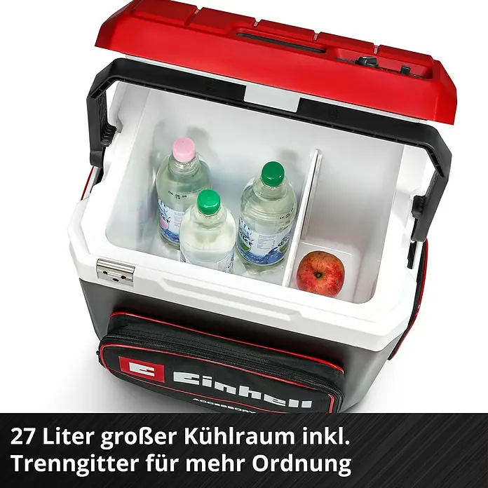 Einhell Power X-Change 18V Akku-Kühlbox TE-COL 18/27 Li-Solo - 18 V, Ohne Akku, 27 l, 20 °C - 60 °C - Ein offener Einhell Kühlraum mit Trenngitter, gefüllt mit Getränken und einem Apfel.