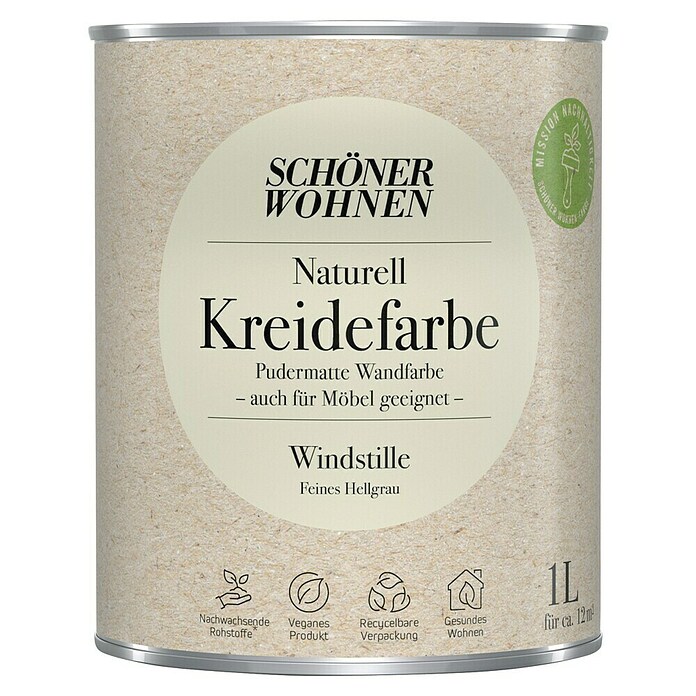 SCHÖNER WOHNEN-Farbe Naturell Wandfarbe Kreidefarbe (Windstille - feines Hellgrau, Matt, 1 l, Konservierungsmittelfrei) | BAUHAUS