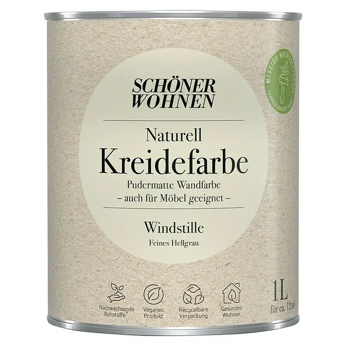 SCHÖNER WOHNEN-Farbe Naturell Wandfarbe Kreidefarbe - Windstille - feines Hellgrau, Matt, 1 l, Konservierungsmittelfrei - Dose Schön Wohnen Naturell Kreidefarbe Windstille, eine pudermatte Wandfarbe, auch für Möbel geeignet, in feinem Hellgrau.