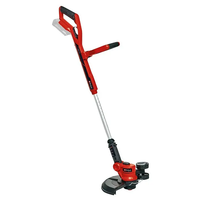 Einhell Power X-Change 18V Akku-Rasentrimmer GE-CT 18/30 Li-Solo - 18 V, Li-Ionen, Ohne Akku, Schnittbreite Faden: 30 cm - Der Einhell Akku-Rasentrimmer ist rot und hat einen verstellbaren Griff. Ideal für präzise Rasenpflege und Kantenschnitt.
