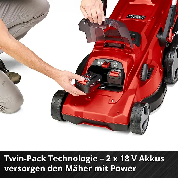 Einhell Power X-Change 18V Akku-Rasenmäher Rasarro 36/40 - 36 V, 2 Akkus, 4 Ah, Schnittbreite: 40 cm - Illustration eines Akku-Rasenmähers mit Twin-Pack Technologie, der mit 2 x 18 V Akkus betrieben wird, um maximale Leistung zu bieten.