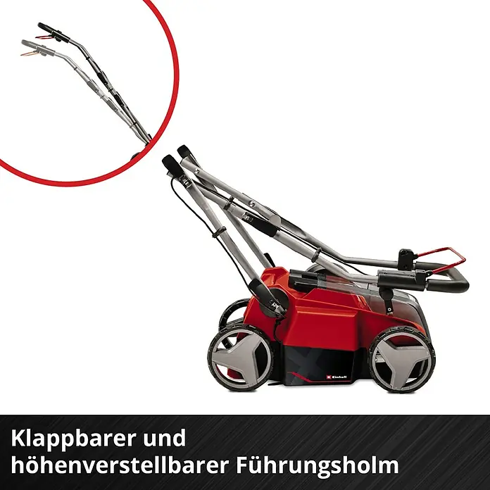 Einhell Power X-Change 18V Akku-Vertikutierer-Lüfter GE-SA 36/35 - Anzahl Akkus: Ohne Akku, 36 V, Arbeitsbreite: 35 cm - Das Bild zeigt einen Rasenlüfter mit klappbarem und höhenverstellbarem Führungsholm, der für eine einfache Lagerung und Anpassung sorgt.