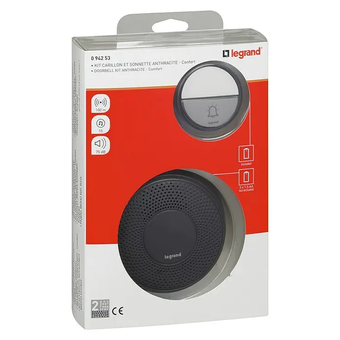 Legrand Juego de timbre inalámbrico Confort - Alcance: 100 m, 80 dB, Funciona con pilas, IP44, Negro - Kit de timbre antracita de Legrand: confort y estilo combinados en un solo producto para tu hogar. Función fiable incluida.