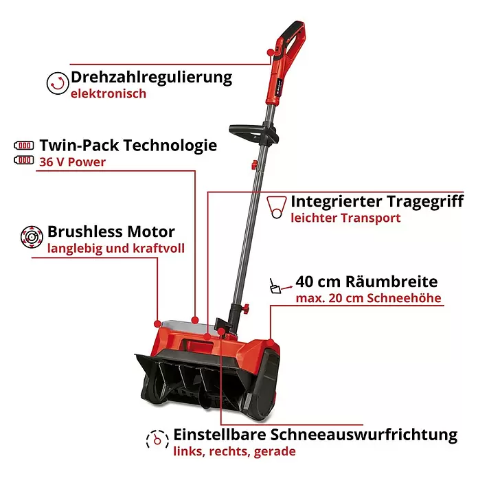 Einhell Power X-Change 18V Akku-Schneefräse GE-ST 36/40LI E - 36 V, Ohne Akku, Arbeitsbreite: 40 cm - Eine rot-schwarze akkubetriebene elektrische Schneeschaufel mit langem Griff und Räumschnecke zum Schneeräumen.