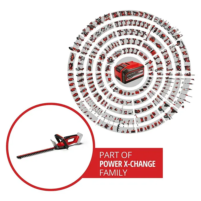Einhell Power X-Change 18V Akku-Heckenschere GC-CH 18/40 Li Solo - 18 V, Li-Ionen, Ohne Akku, Schnittlänge: 40 cm - Abbildung einer Einhell-Akku-Heckenschere, Teil der Power X-Change-Familie, die für kabellose Gartenarbeiten entwickelt wurde.
