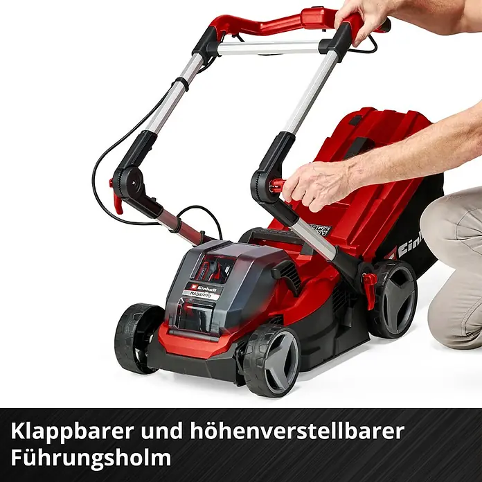 Einhell Power X-Change 18V Akku-Rasenmäher Rasarro 36/34 - 36 V, 2 Akkus, 3 Ah, Schnittbreite: 34 cm - Klappbarer und höhenverstellbarer Führungsholm.