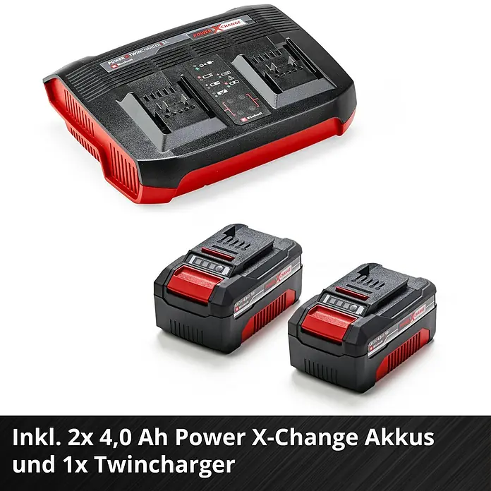Einhell Power X-Change 18V Akku-Rasenmäher Rasarro 36/40 - 36 V, 2 Akkus, 4 Ah, Schnittbreite: 40 cm - Abbildung eines Einhell Power X-Change Twinchargers und zwei 4,0 Ah Akkus.