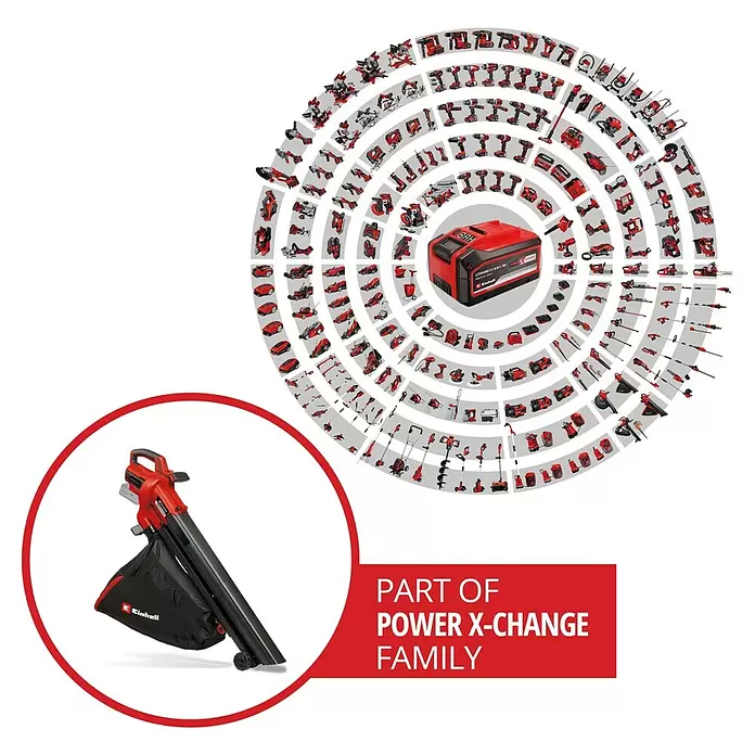 Einhell Power X-Change 18V Akku-Laubsauger & -Laubbläser Venturro 18/210 - 18 V, Ohne Akku, Blasgeschwindigkeit: 210 km/h - Einhell Power X-Change System: Roter Akku umgeben von zahlreichen rot-schwarzen Akku-Geräten, darunter ein Laubsauger.