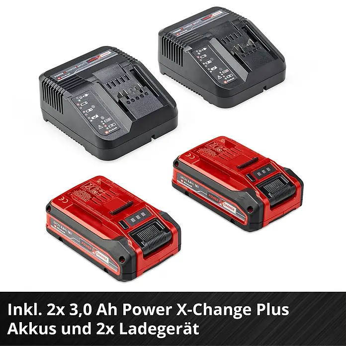 Einhell Power X-Change 18V Akku-Rasenmäher Rasarro 36/36 - 36 V, 2 Akkus, 3 Ah, Schnittbreite: 36 cm - Abbildung von zwei Power X-Change Plus Akkus (3,0 Ah) und zwei Ladegeräten.