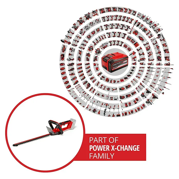 Einhell Power X-Change 18V Akku-Heckenschere GC-CH 18/50 Li-Solo - 18 V, Li-Ionen, Ohne Akku, Schnittlänge: 50 cm - Die Einhell Akku-Heckenschere für den perfekten Schnitt. Teil der Power X-Change Familie mit kabelloser Freiheit für den Garten.