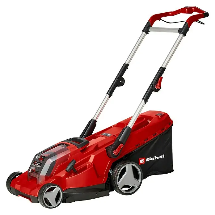 Einhell Power X-Change 18V Akku-Rasenmäher Rasarro 36/40 - 36 V, 2 Akkus, 4 Ah, Schnittbreite: 40 cm - Elektrorasenmäher von Einhell. Der Rasenmäher ist rot und schwarz mit silbernen Details und einem Fangkorb.