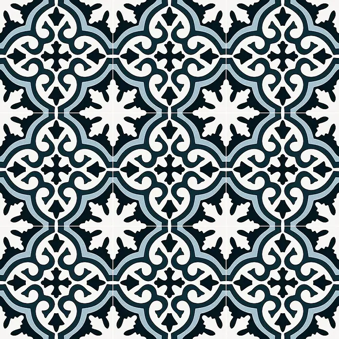Feinsteinzeugfliese Valencia Ionja - 24,8 x 24,8 cm, Bunt, Matt - Dekorfliesen mit blau-weißem Ornamentmuster für stilvolle Wand- oder Bodengestaltung im Innenbereich.