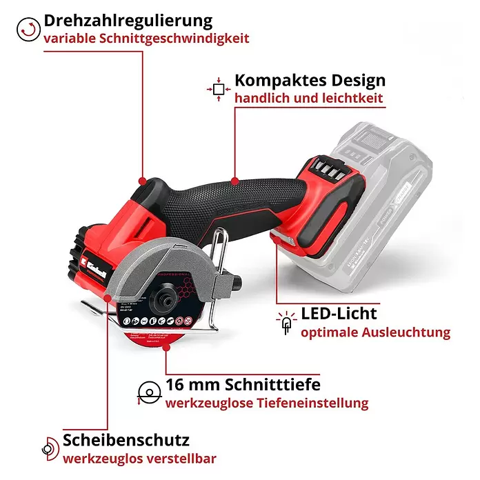 Einhell Professional Power X-Change 18V Akku-Trennschleifer TP-CO 18/76-C Li BL - Solo - Ohne Akku - Rot-schwarze Akku-Minihandkreissäge mit variabler Drehzahl, LED-Licht und 16mm Schnitttiefe, werkzeuglos verstellbarer Blattschutz.