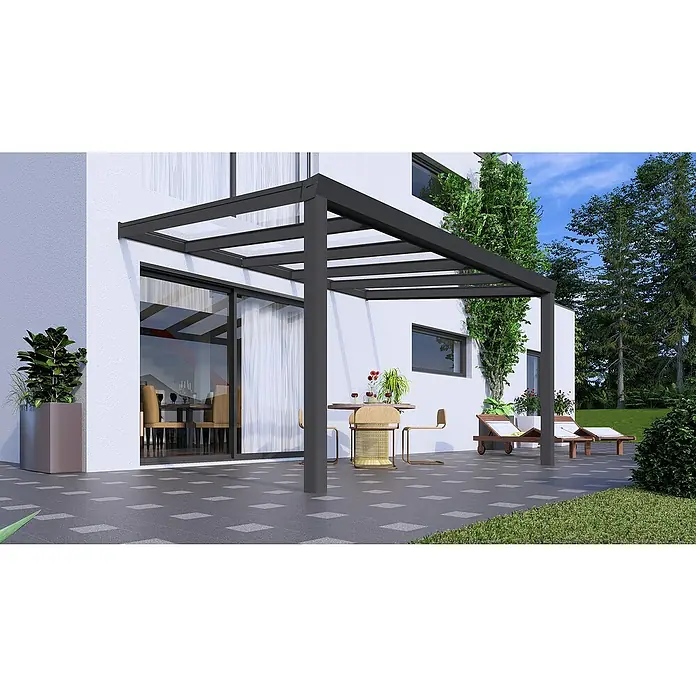 Gardendreams Terrassenüberdachung Expert Sonderedition - B x T: 400 x 300 cm, Anthrazitgrau Struktur, Verbundsicherheitsglas (VSG), Klar - Eine moderne Terrassenüberdachung aus dunklem Metall mit transparentem Dach, die einen stilvollen Außenbereich schafft.