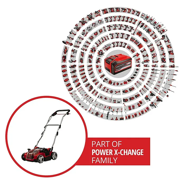 Einhell Power X-Change 18V Akku-Vertikutierer-Lüfter GE-SC 36/35 LI SOLO - Anzahl Akkus: Ohne Akku, 36 V - Abbildung eines roten Einhell Rasenmähers, Teil der Power X-Change Familie, zusammen mit dem passenden Akku und weiteren Geräten.
