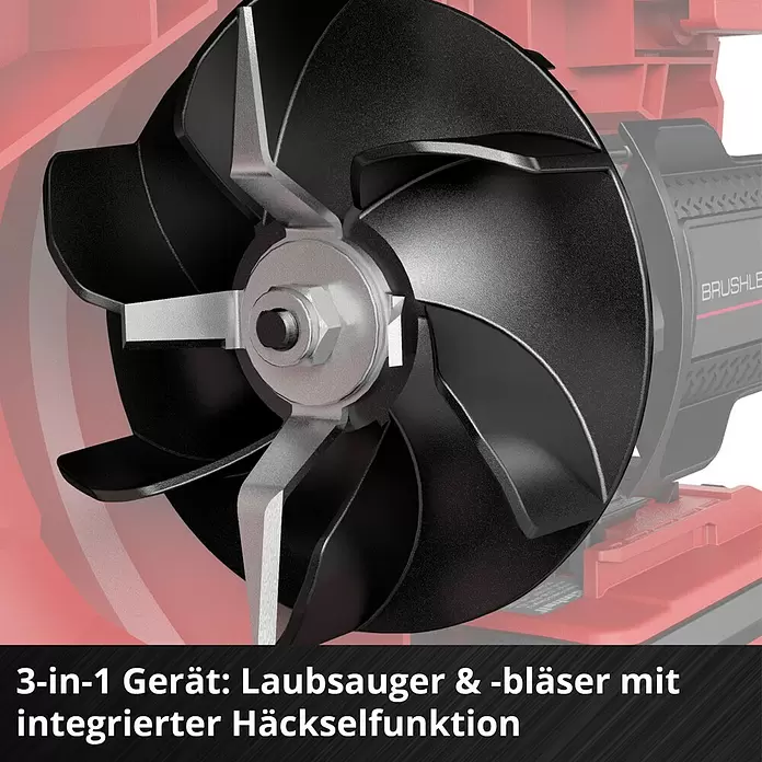 Einhell Power X-Change 18V Akku-Laubsauger & -Laubbläser Venturro 18/210 - 18 V, Ohne Akku, Blasgeschwindigkeit: 210 km/h - Detailaufnahme eines schwarzen Flügelrads mit silbernen Häckselmessern für ein 3-in-1 Laubgerät.