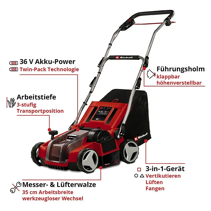 Einhell Power X-Change 18V Akku-Vertikutierer-Lüfter GE-SA 36/35 - Anzahl Akkus: Ohne Akku, 36 V, Arbeitsbreite: 35 cm - Abbildung eines roten Einhell 3-in-1-Geräts mit Akku, verstellbarem Führungsholm, Messer- und Lüfterwalze für die Gartenarbeit.