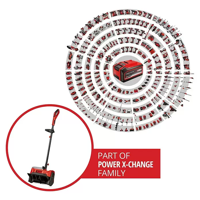 Einhell Power X-Change 18V Akku-Schneefräse GE-ST 36/40LI E - 36 V, Ohne Akku, Arbeitsbreite: 40 cm - Einhell Power X-Change Akku, umgeben von roten Elektrowerkzeugen und Gartengeräten, inklusive einer Schneeschaufel.
