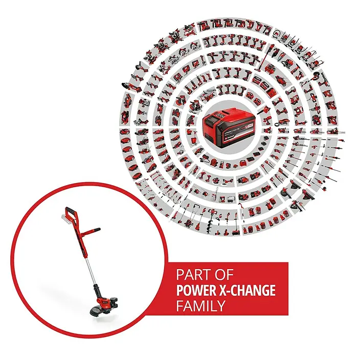 Einhell Power X-Change 18V Akku-Rasentrimmer GE-CT 18/30 Li-Solo - 18 V, Li-Ionen, Ohne Akku, Schnittbreite Faden: 30 cm - Abbildung eines Akku-Rasentrimmers der Power X-Change-Familie, der durch sein rotes und graues Design besticht und für präzise Gartenpflege steht.