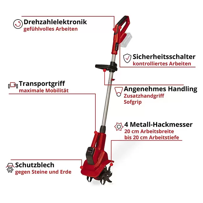 Einhell Power X-Change 18V Akku-Bodenhacke GE-CR 18/20LI E - Anzahl Akkus: Ohne Akku, Li-Ionen - Rote und graue Akku-Gartenfräse mit ergonomischen Griffen, Sicherheitsschalter und vier Metallhackmessern.