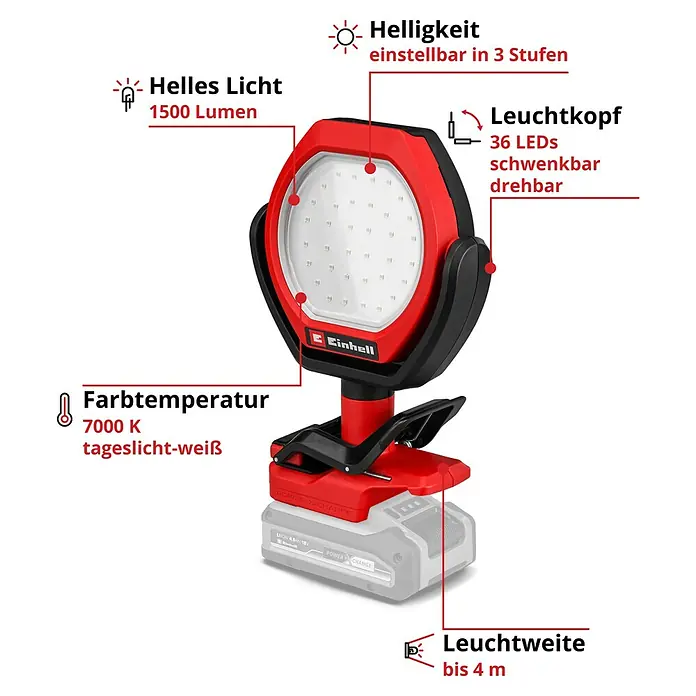 Einhell Power X-Change 18V Akku-Lampe GC-OL 18/1500LI SOLO - 18 V, Li-Ionen, Ohne Akku - Akku-LED-Strahler von Einhell mit 1500 Lumen, 36 LEDs, einstellbarer Helligkeit und bis zu 4 m Leuchtweite für den flexiblen Einsatz.