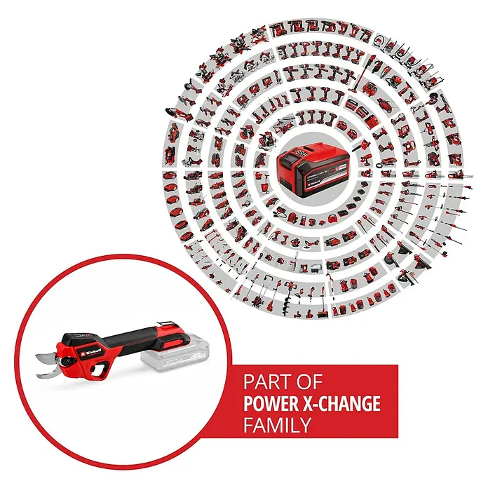 Einhell Professional Akku-Astschere GP-LS 18/28 Li BL-Solo - Akkuspannung: 18 V, Max. Aststärke: 28 mm, Anzahl Akkus: Ohne Akku - Akkubetriebene Gartenschere mit Akku, Teil der Power X-Change Familie. Das Bild zeigt das Power X-Change Sortiment.