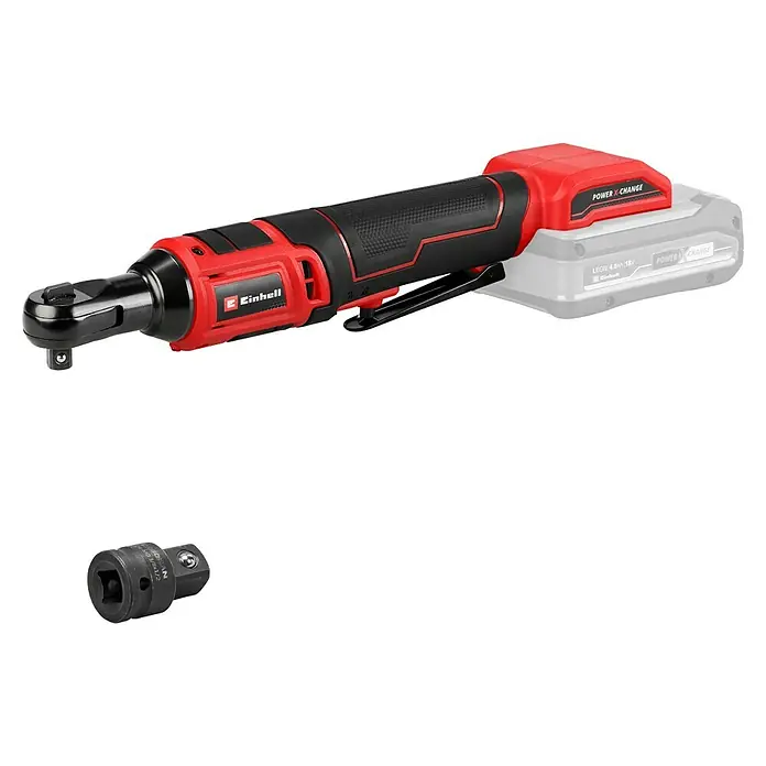 Einhell Power X-Change 18V Akku-Ratschenschrauber TE-RW 18/60 Li-Solo - 18 V, Ohne Akku, Max. Drehmoment: 60 Nm - Einhell Akku-Ratschenschrauber mit schwarzem Adapterstück, ideal für enge Schraubstellen, bietet kabellose Flexibilität und hohe Leistung.