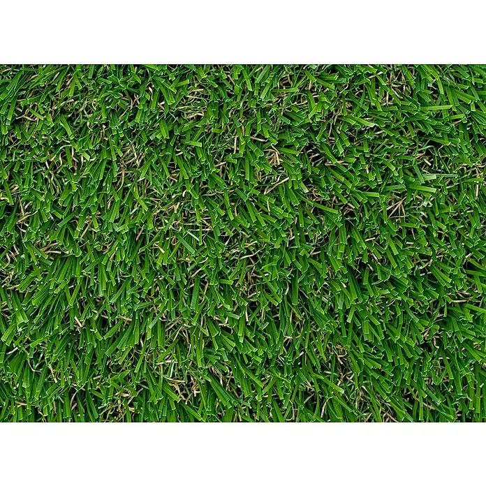 Césped artificial Bali - 5 x 2 m, Altura del pelo: 26 mm, 21.000 puntadas/m² - Primer plano de césped artificial con fibras verdes y marrones, imitando una textura de césped realista. Perfecto para jardines de bajo mantenimiento.