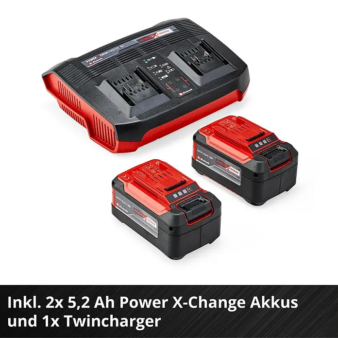 Einhell Power X-Change 18V Akku-Rasenmäher Rasarro 36/42 - 36 V, 2 Akkus, 5,2 Ah, Schnittbreite: 42 cm - Abbildung eines Power X-Change Twinchargers mit zwei 5,2 Ah Akkus.