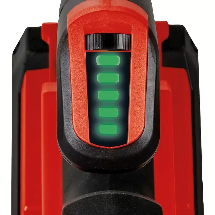 Einhell Power X-Change 18V Akku-Laubbläser GE-UB18/250LI E - 18 V, Ohne Akku, Blasgeschwindigkeit: 250 km/h, Blasleistung: 120 m³/h - Roter und schwarzer Akku für Elektrowerkzeuge mit sechssegmentiger grüner LED-Ladeanzeige, die volle Ladung anzeigt.