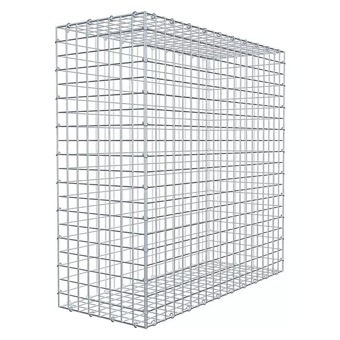 Gabiona Gabione - 100 x 40 x 100 cm, Stahl, Maschenbreite: 50 mm, Maschenhöhe: 50 mm, C-Ring - Leerer, rechteckiger Gabionenkorb aus silberfarbenem Drahtgeflecht, aus erhöhter Perspektive.