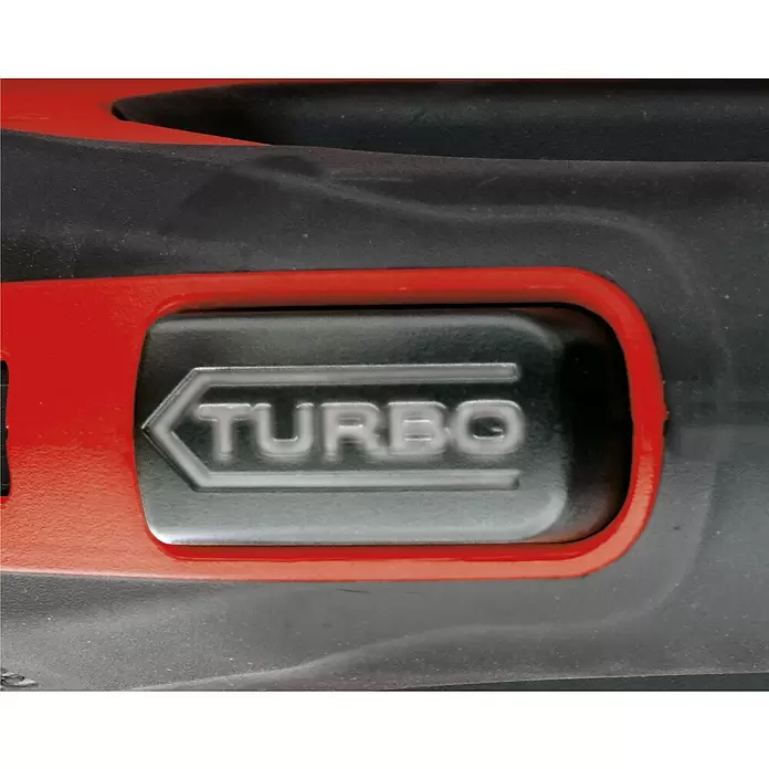 Einhell Professional Akku-Laubbläser GP-LB 36/230 LI E - 36 V, Ohne Akku, Blasgeschwindigkeit: 230 km/h, Blasleistung: 890 m³/h - Rot umrandeter grauer 'TURBO'-Knopf an einem schwarzen Gerätegehäuse, der einen Leistungsmodus hervorhebt.