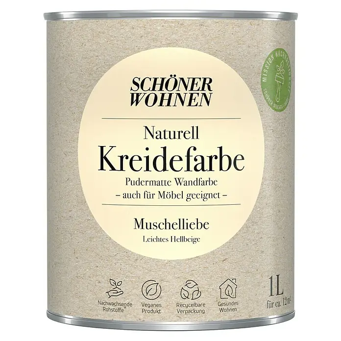 SCHÖNER WOHNEN-Farbe Naturell Wandfarbe Kreidefarbe - Muschelliebe - leichtes Hellbeige, Matt, 1 l, Konservierungsmittelfrei - Dose Schönere Wohnen Naturell Kreidefarbe Muschelliebe, eine pudermatte Wandfarbe, auch für Möbel geeignet, in leichtem Hellbeige und nachhaltiger Verpackung.