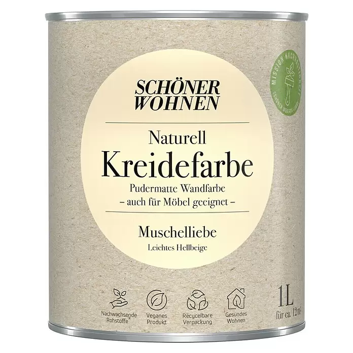 SCHÖNER WOHNEN-Farbe Naturell Wandfarbe KreidefarbeMuschelliebe - leichtes Hellbeige, Matt, 1 l, Konservierungsmittelfrei