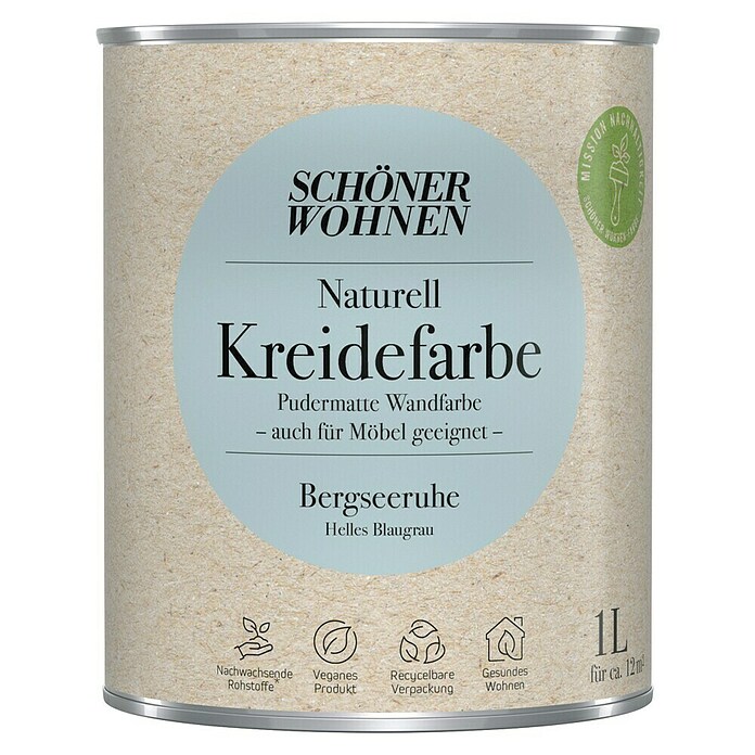 SCHÖNER WOHNEN-Farbe Naturell Wandfarbe Kreidefarbe (Bergseeruhe - helles Blaugrau, Matt, 1 l, Konservierungsmittelfrei) | BAUHAUS