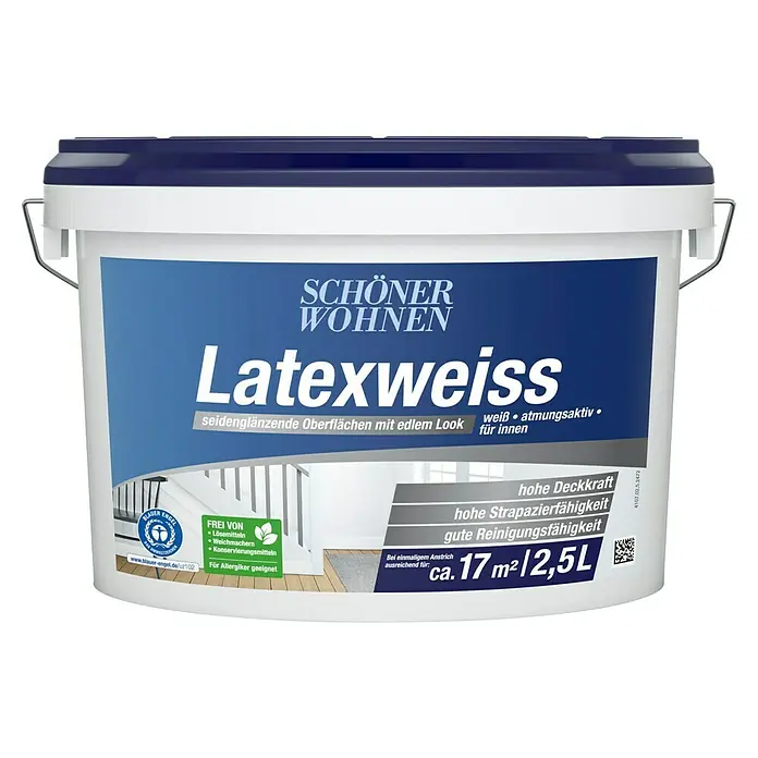 SCHÖNER WOHNEN-Farbe Latexfarbe Latexweiß - Weiß, Seidenglänzend, 2,5 l, Konservierungsmittelfrei - Nahaufnahme eines Eimers Schönner Wohnen Latexweiss, einer seidenglänzenden, atmungsaktiven Innenfarbe.