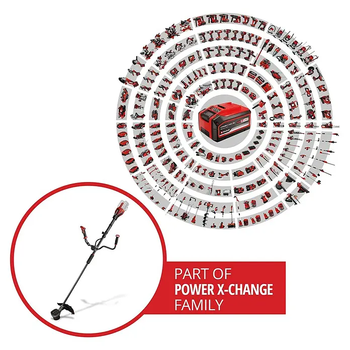 Einhell Professional Akku-Motorsense SOLO GP-BC 36/430 LI BL - 36 V, Ohne Akku, Schnittbreite Faden: 43 cm, Schnittbreite Messer: 25,5 cm - Ein Einhell Akku-Rasentrimmer, Teil der Power X-Change Familie, umgeben von einer Vielzahl anderer Geräte aus derselben Akku-Plattform.