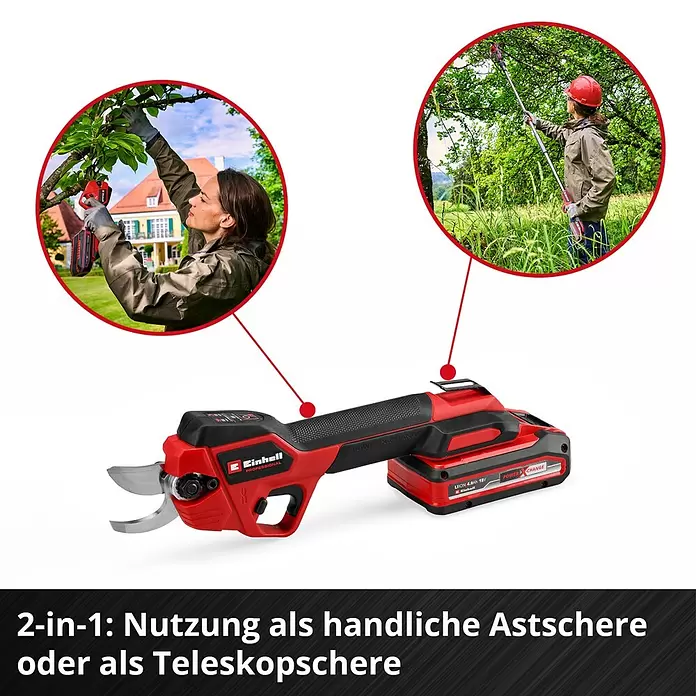 Einhell Professional Akku-Astschere SOLO GP-LS 18/28 - Max. Aststärke: 2,8 mm - Rot-schwarze Akku-Astschere, als Handschere und Teleskopschere für hohe Äste verwendet.