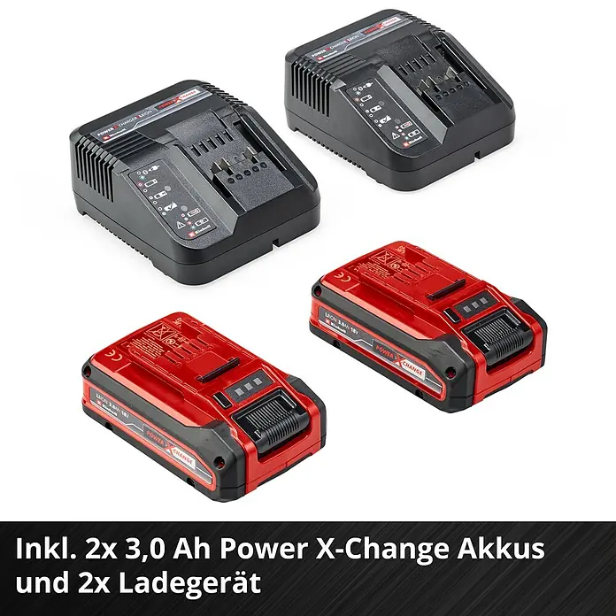 Einhell Power X-Change 18V Akku-Rasenmäher Rasarro 36/34 - 36 V, 2 Akkus, 3 Ah, Schnittbreite: 34 cm - Produktbild von zwei Einhell Power X-Change Akkus (3,0 Ah) und zwei Ladegeräten, ideal für kabellose Werkzeuge.