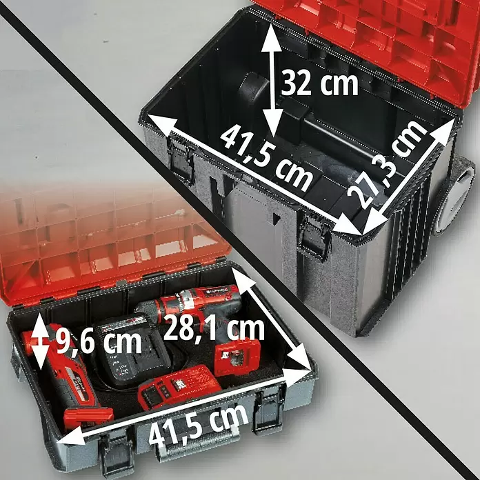 Einhell Systemkoffer E-Case Tower - L x B x H: 45 x 41,2 x 69,1 cm, Polypropylen, Traglast: 120 kg - Schwarzer Werkzeugkoffer mit rotem Deckel, offen mit Maßen gezeigt: leer (oben) und mit Werkzeugen gefüllt (unten).