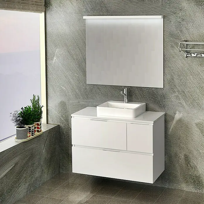 Artysan Mueble bajo de lavabo Tina Paris - An x Pr x Al: 80 x 46 x 64 cm, Blanco - Un tocador de baño moderno con un gabinete blanco y un lavabo rectangular, complementado con un espejo grande.