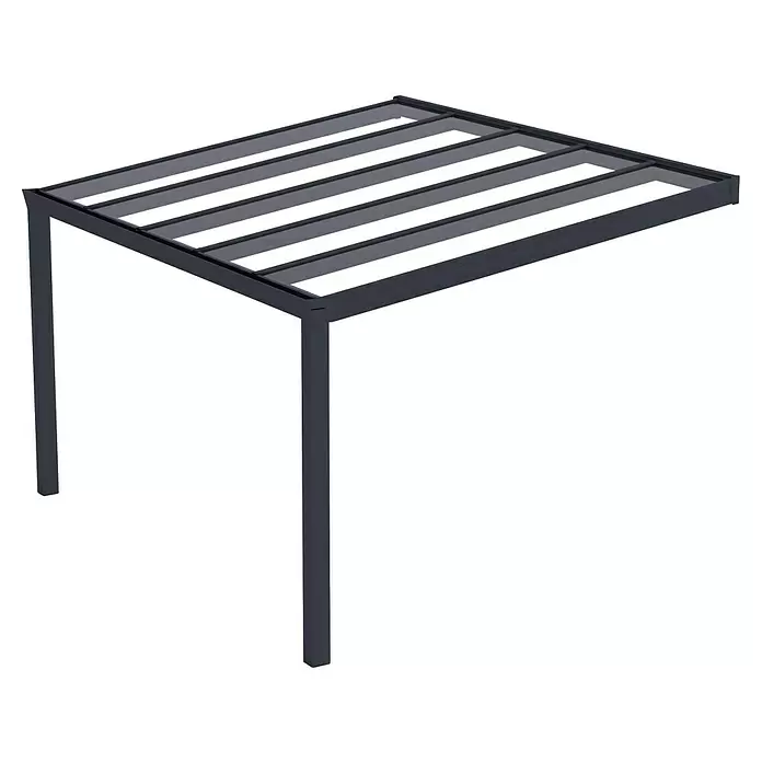 Gardendreams Terrassenüberdachung Expert Sonderedition - B x T: 400 x 300 cm, Anthrazitgrau Struktur, Verbundsicherheitsglas (VSG), Klar - Dunkelgraues Metallpergola-Gestell mit Lamellendach, von zwei Beinen gestützt.