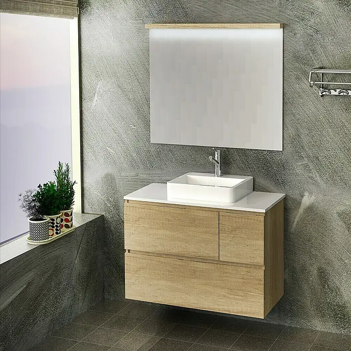 Artysan Mueble bajo de lavabo Tina Paris - An x Pr x Al: 80 x 46 x 64 cm, Nature - Moderno mueble de baño con armarios de madera clara, un lavabo sobre encimera blanco y un gran espejo. Diseño contemporáneo para un baño elegante.