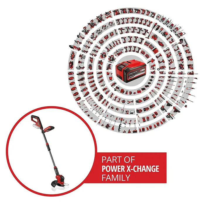 Einhell Power X-Change 18V Akku-Rasentrimmer GE-CT 18/25 Li-Solo - 18 V, Li-Ionen, Ohne Akku, Schnittbreite Messer: 25 cm - Abbildung eines Einhell Akku-Rasentrimmers mit rotem Gehäuse und ausziehbarer Stange, Teil der Power X-Change Familie.