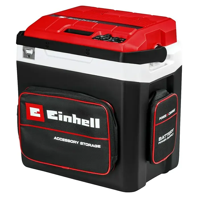 Einhell Power X-Change 18V Akku-Kühlbox TE-COL 18/27 Li-Solo - 18 V, Ohne Akku, 27 l, 20 °C - 60 °C - Ein Kühlschrank von Einhell in Rot, Weiß und Schwarz mit Zubehörfächern. Ideal für unterwegs, um Speisen und Getränke kühl zu halten.