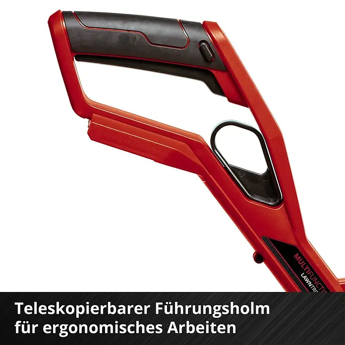 Einhell Power X-Change 18V Akku-Rasentrimmer GE-CT 18/30 Li-Solo - 18 V, Li-Ionen, Ohne Akku, Schnittbreite Faden: 30 cm - Teleskopierbarer Führungsholm für ergonomisches Arbeiten. Das Bild zeigt den Griff eines roten Gartengeräts.