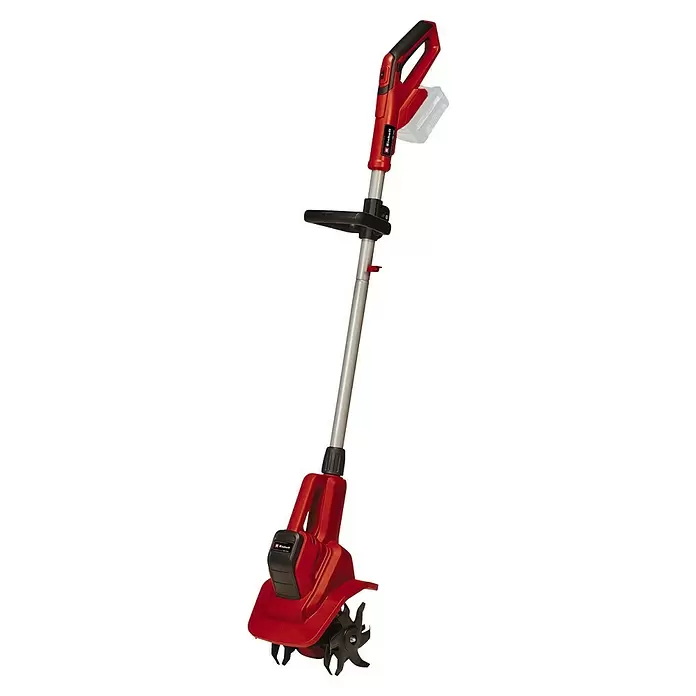 Einhell Power X-Change 18V Akku-Bodenhacke GE-CR 18/20LI E - Anzahl Akkus: Ohne Akku, Li-Ionen - Rote und schwarze akkubetriebene elektrische Gartenfräse mit silbernem Schaft und sternförmigen Zinken.