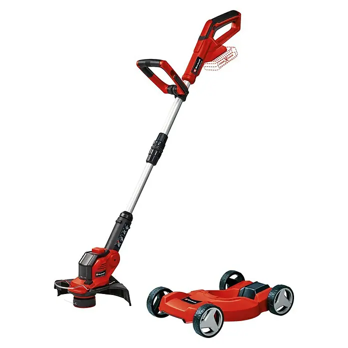 Einhell Power X-Change 18V Akku-Rasentrimmer GE-CT18/28LI TC-Solo18 V, Li-Ionen, Ohne Akku, Schnittbreite Faden: 28 cm - Ein roter Einhell Akku-Rasentrimmer mit einem Zusatzaufsatz für präzises Kantenschneiden. Ideal für jeden Garten!