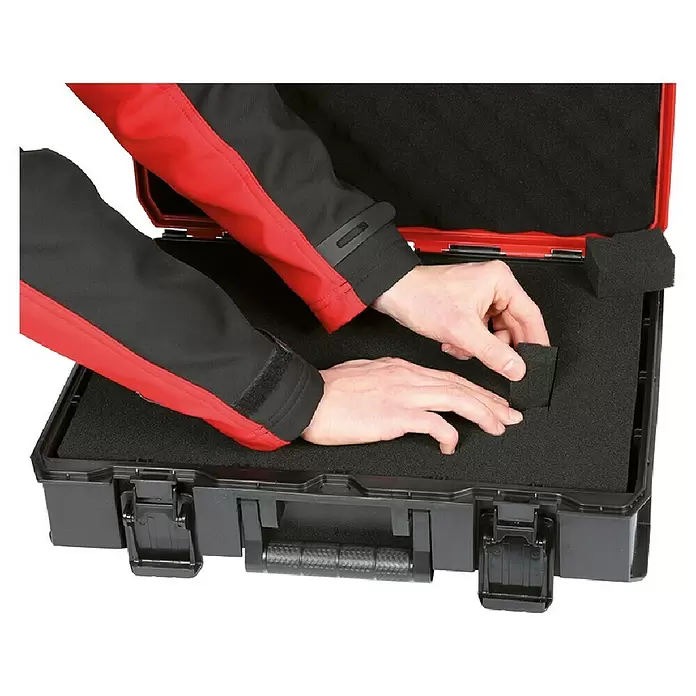 Einhell Schaumstoffeinlage E-Case - Passend für: Einhell E-Case System, 1 Stk. - Hände passen schwarzen Rasterschaum in einem schwarzen, robusten Koffer an.